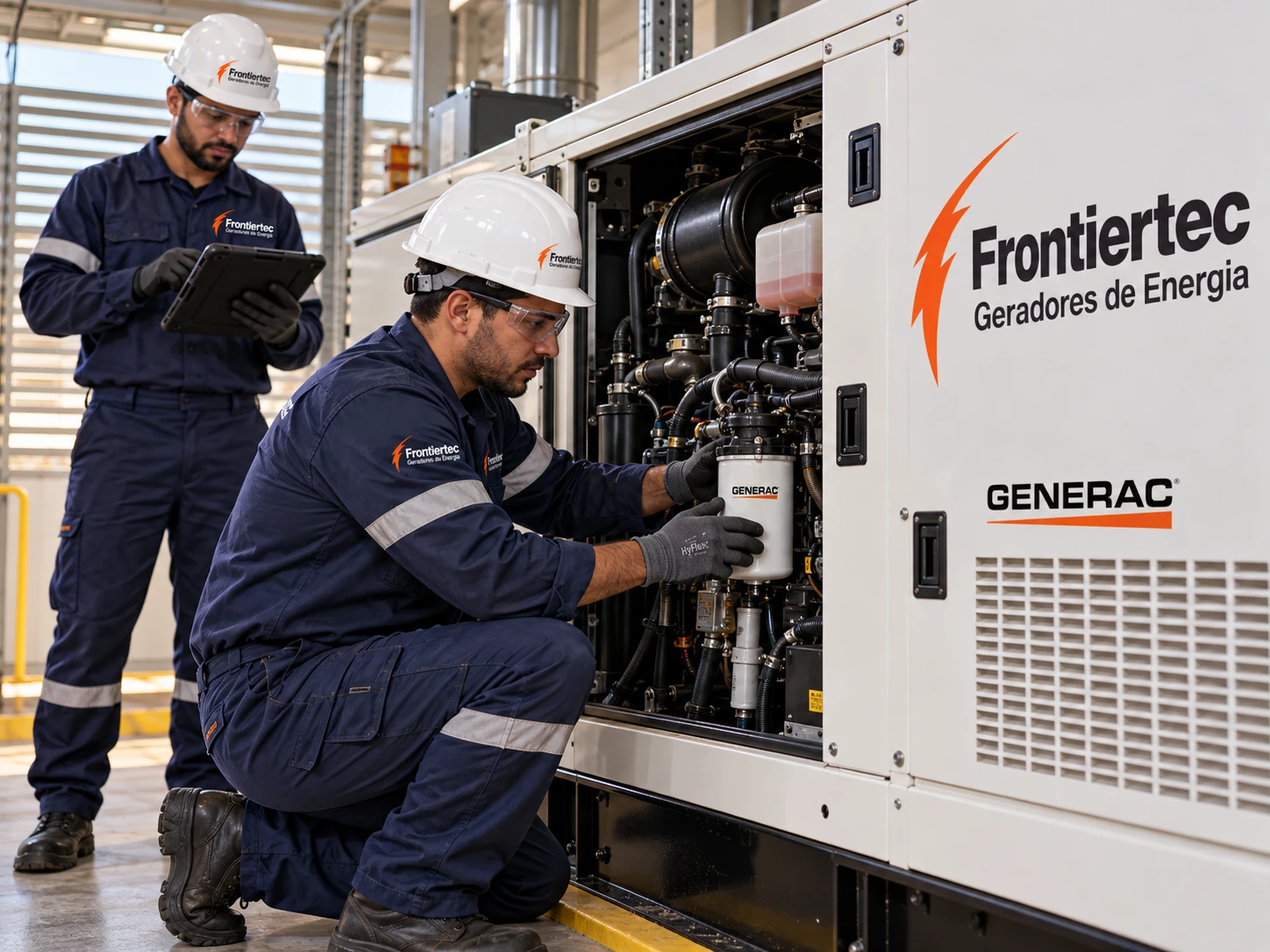 Equipe Frontiertec realizando manutenção em gerador Generac