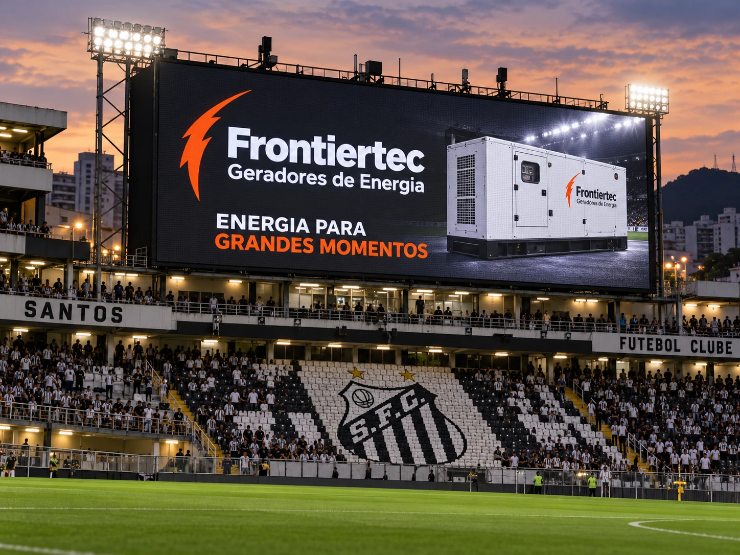 Simulação publicitária da Frontiertec Geradores no telão do estádio do Santos