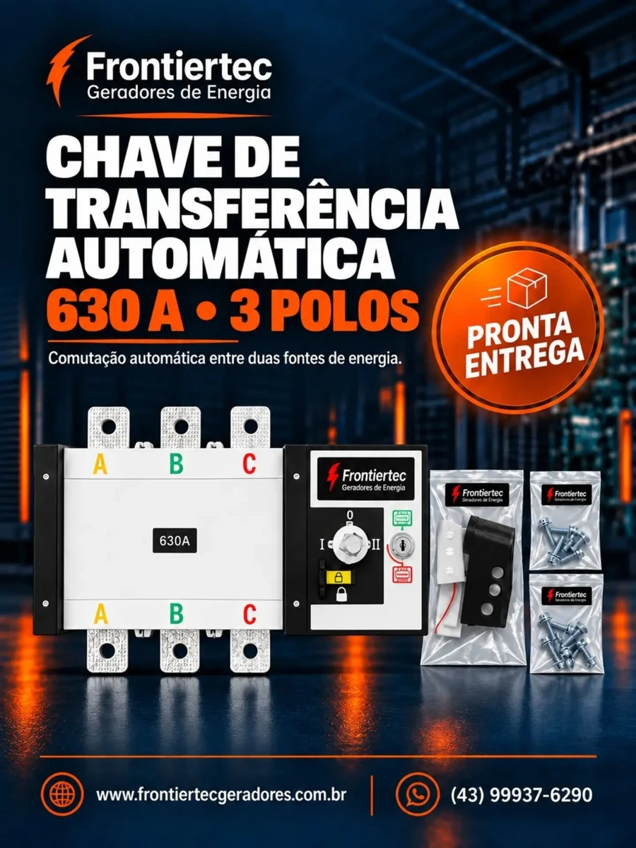Chave de Transferência Automática 630 A | 3 polos — pronta entrega!Projetada para a comutação automática entre duas fontes de energia, é uma opção para painéis elétricos e sistemas